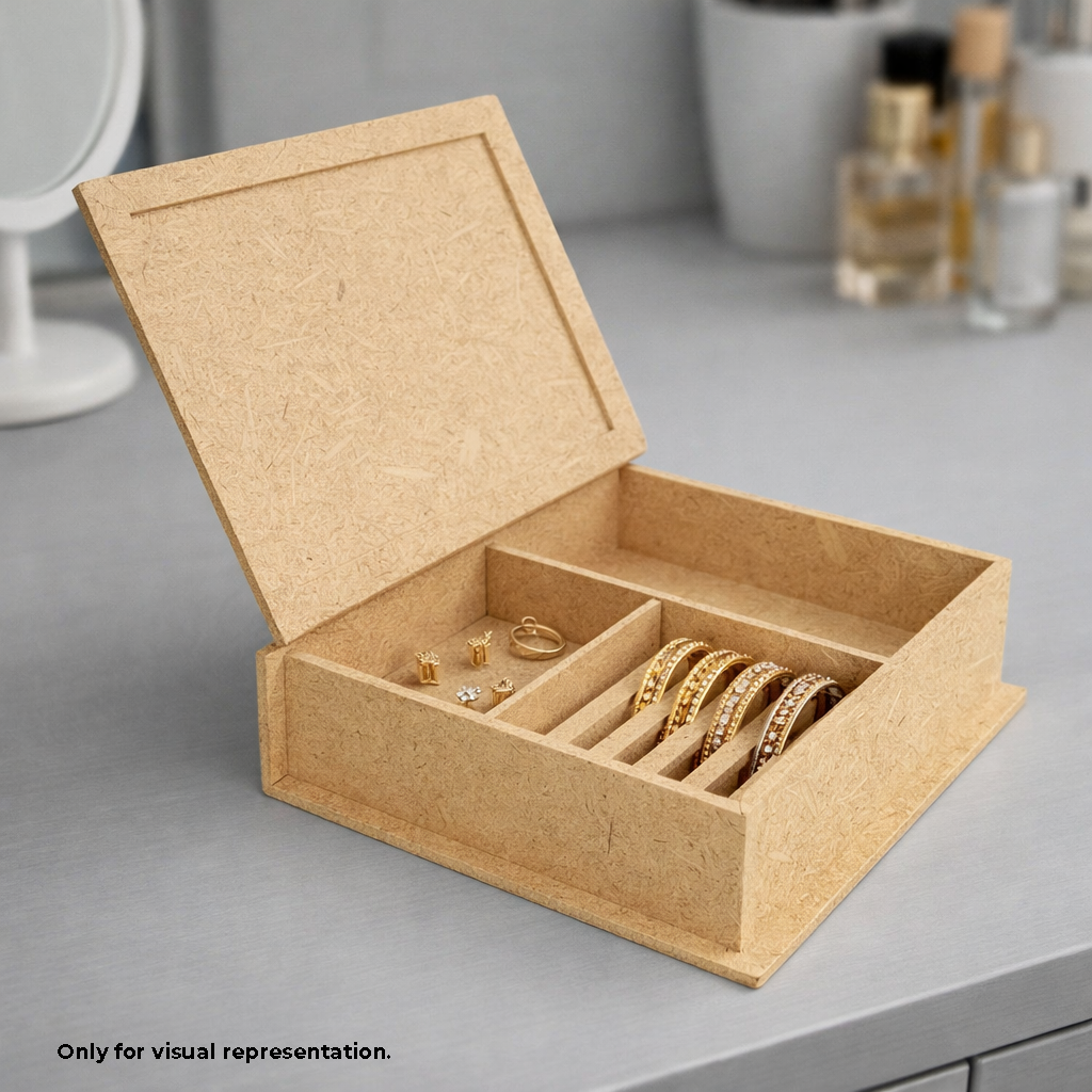 Open MDF DIY Jewellery Box with gold jewellery on a gray surface
