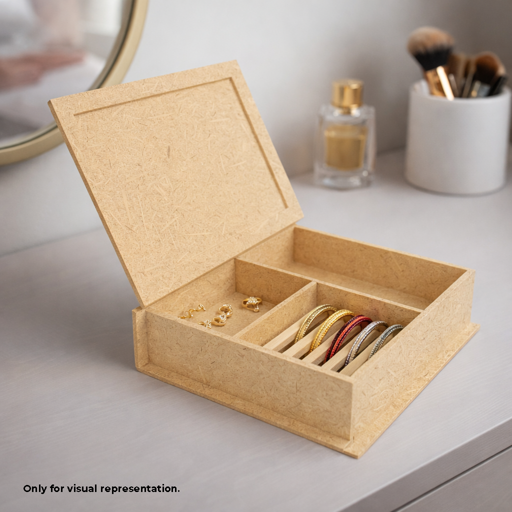 Open  MDF DIY Jewellery Box with jewellery on a light surface