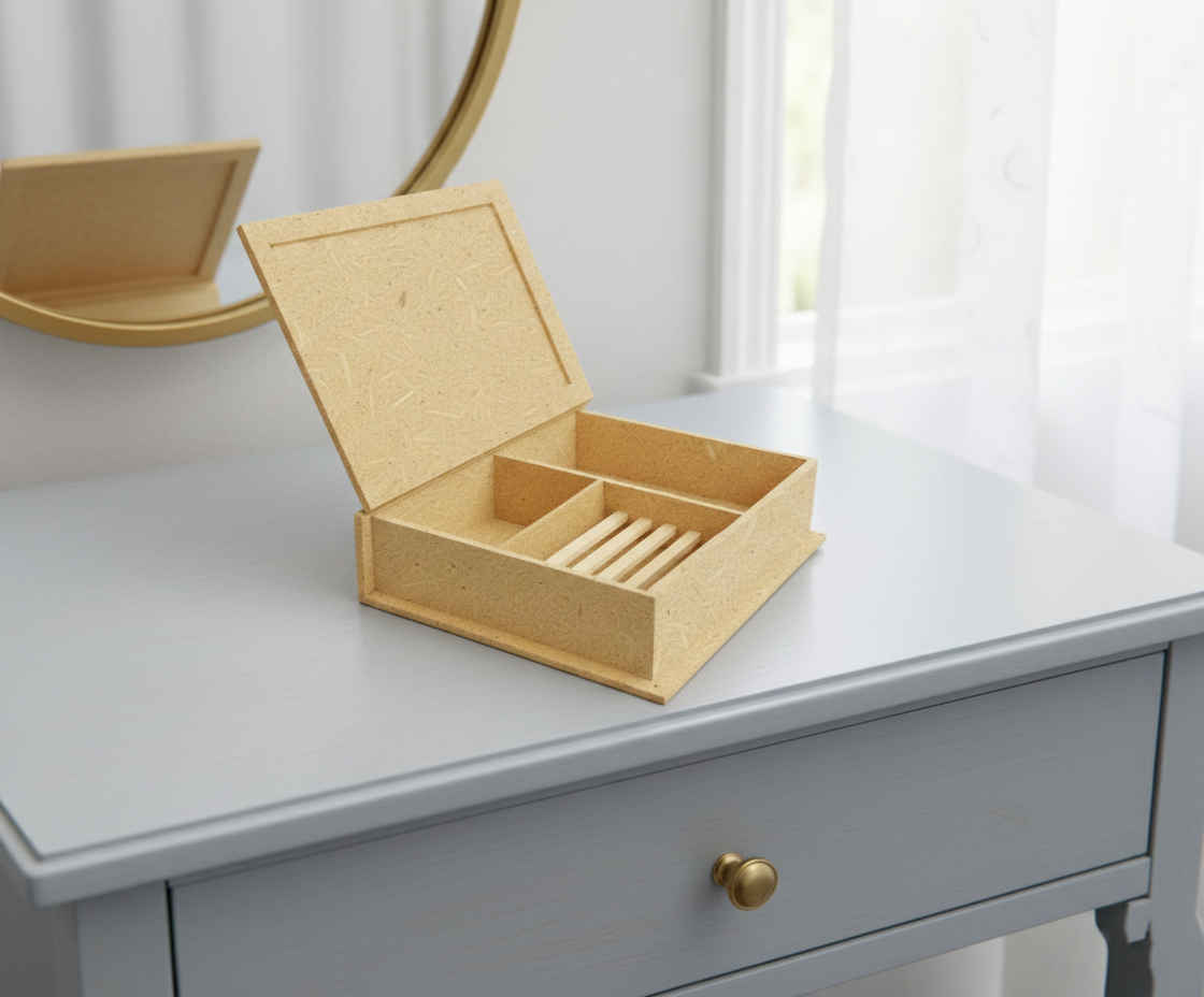 MDF DIY Jewellery Box on a dresser with a mirror in the background