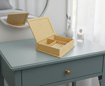 MDF DIY Jewellery Box on a dresser with a mirror and decor items in the background