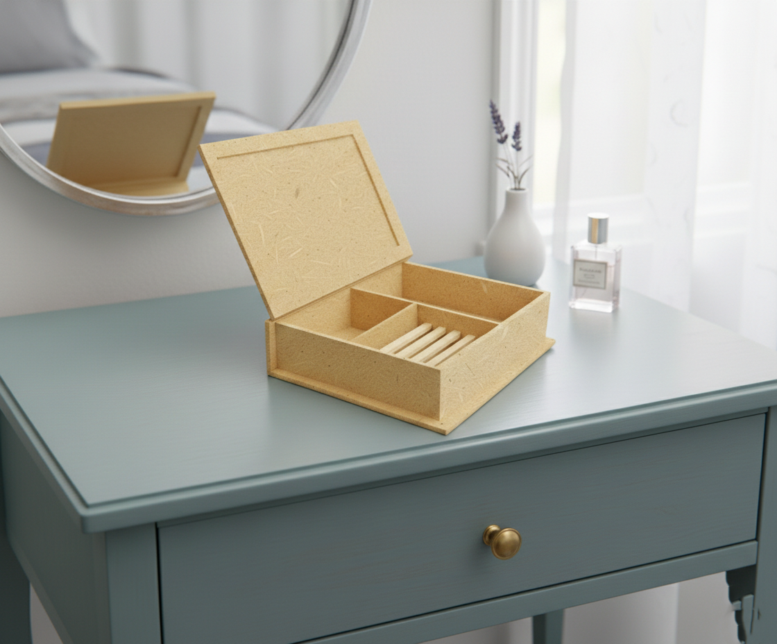 MDF DIY Jewellery Box on a dresser with a mirror and decor items in the background