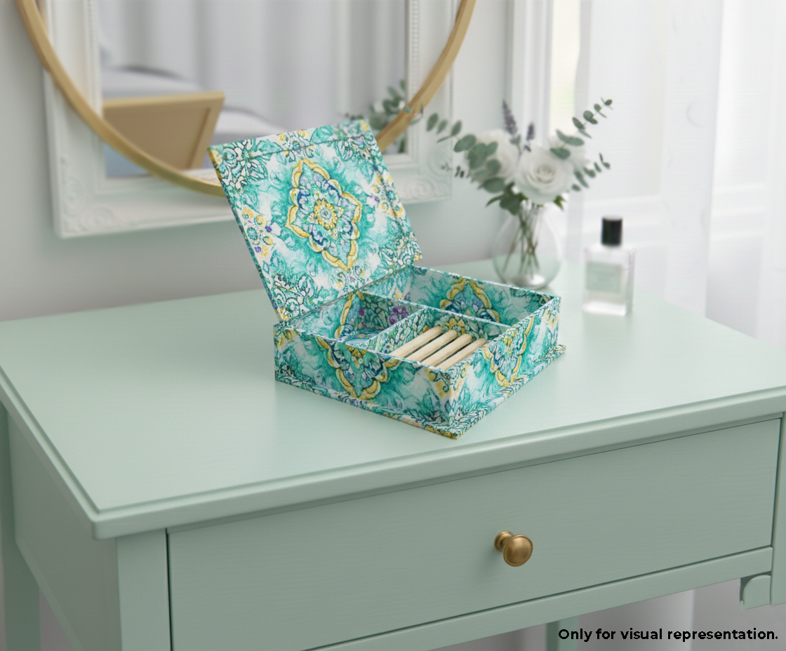 Decorative MDF DIY Jewellery Box with a floral pattern on a dresser