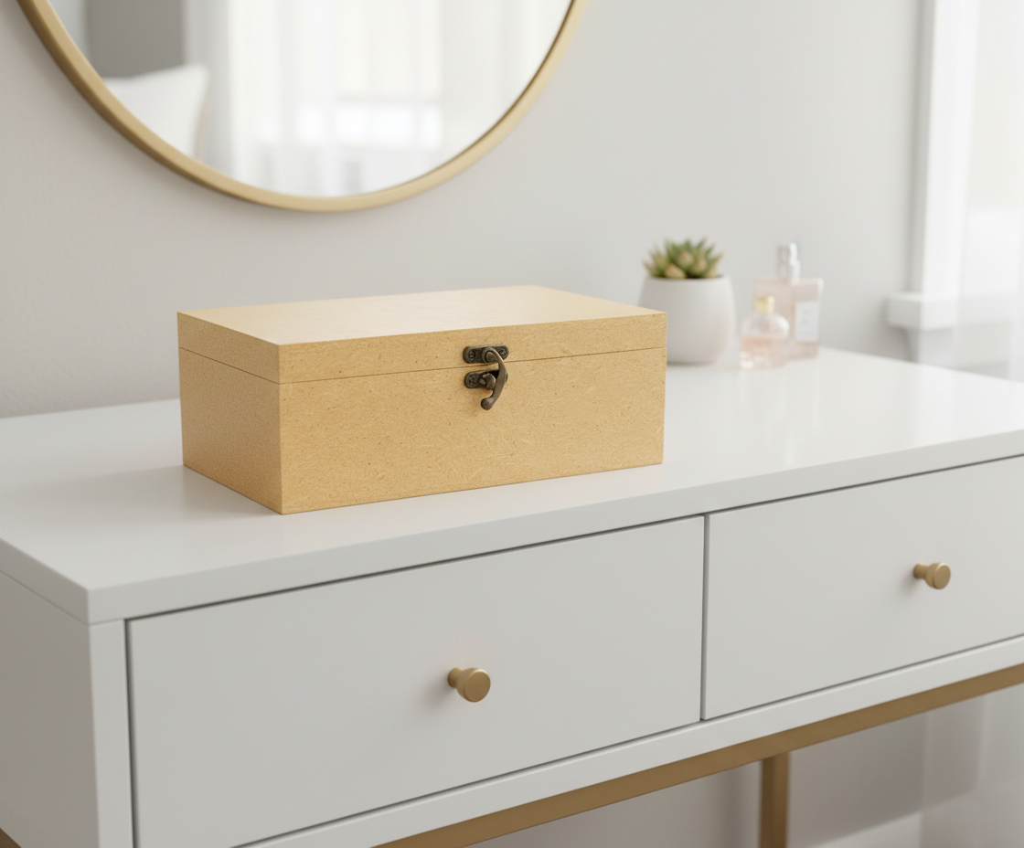 MDF DIY Jewellery Box on a white dresser with a mirror in the background