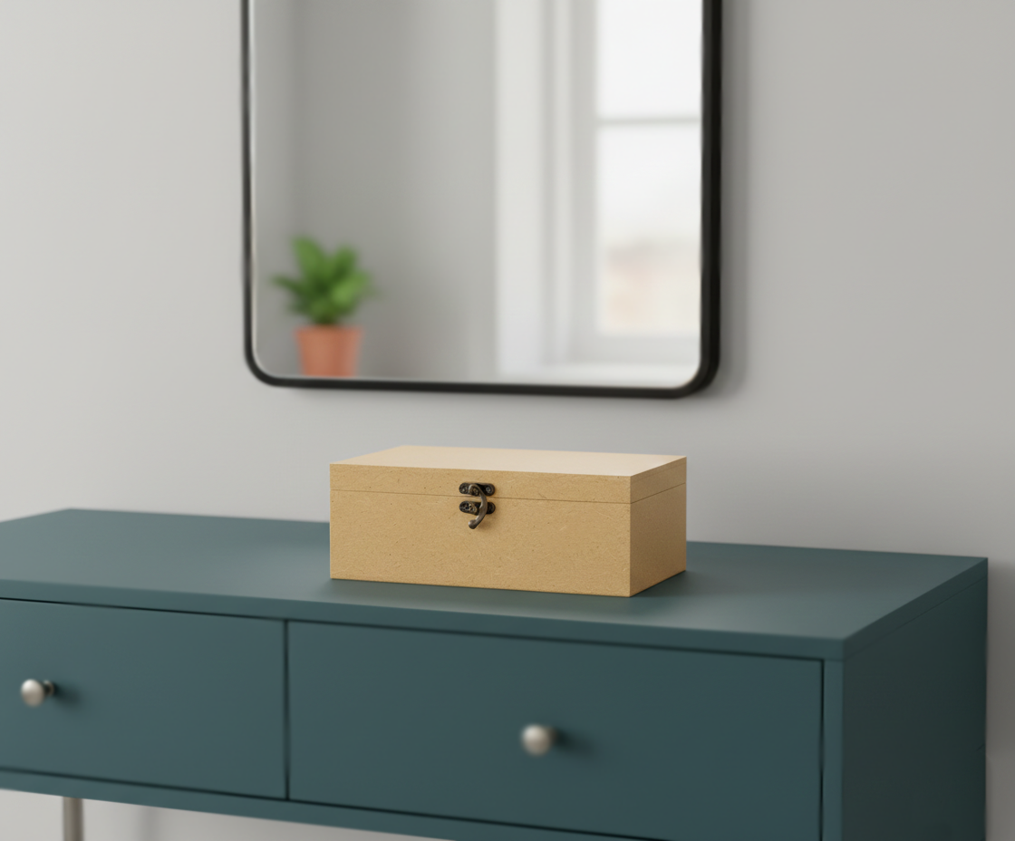 MDF DIY Jewellery Box on a teal dresser with a mirror and plant in the background