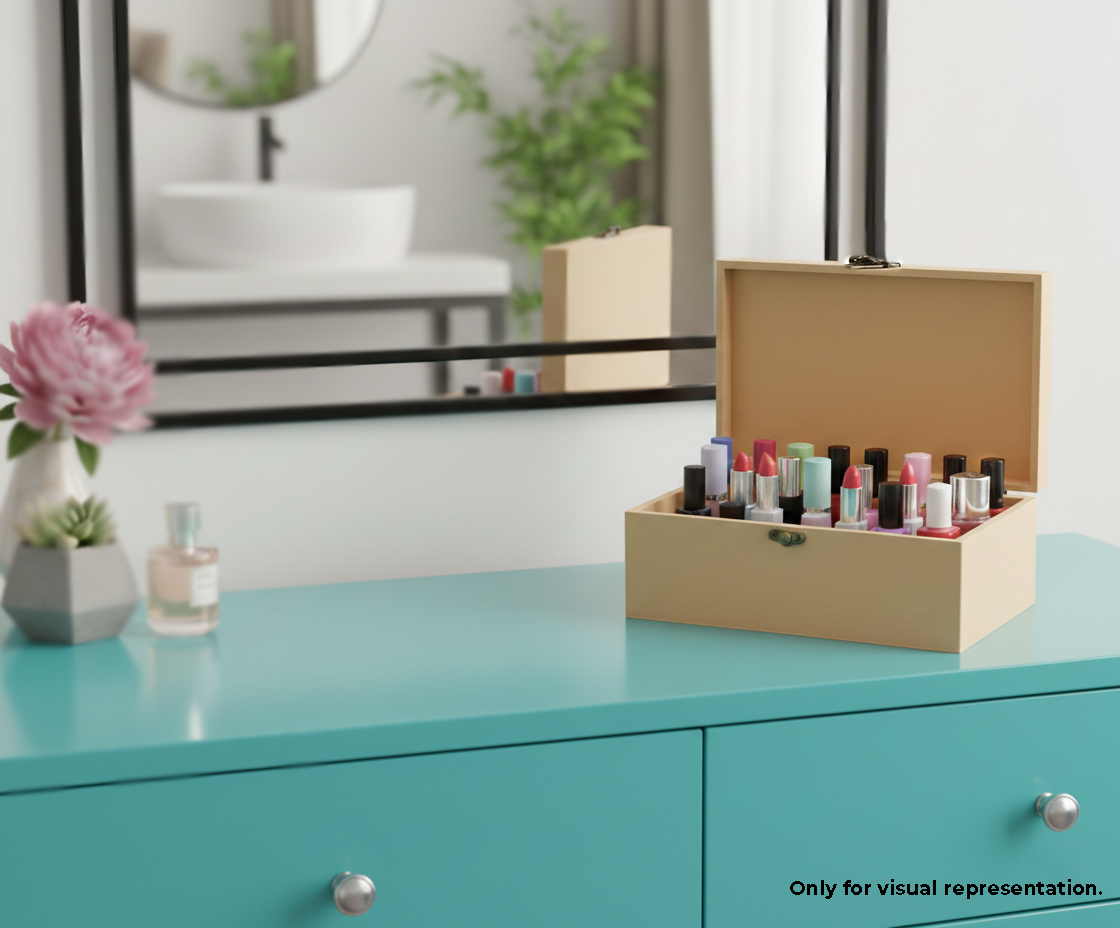 MDF DIY Jewellery Box with small bottles on a teal dresser, mirror reflection visible.