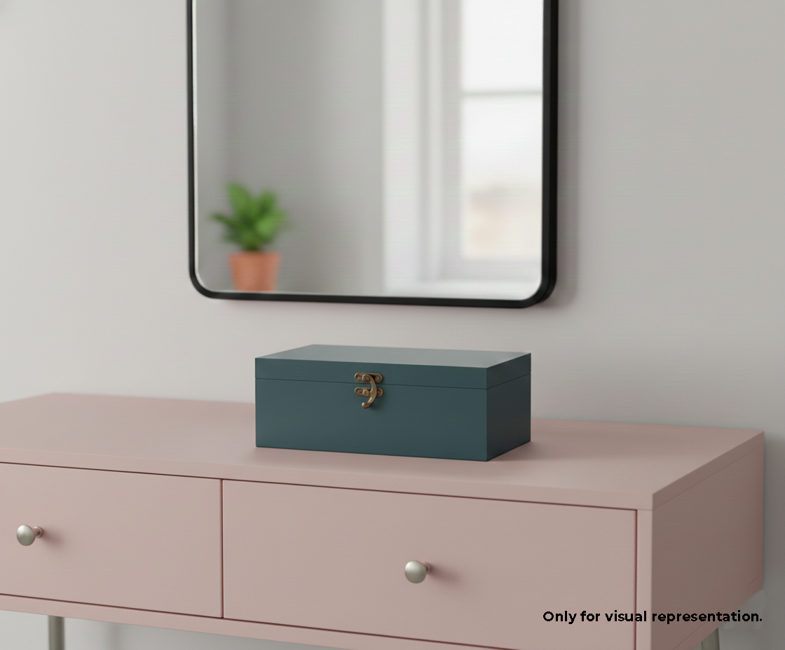 Blue MDF DIY Jewellery Box on a pink dresser with a mirror in the background