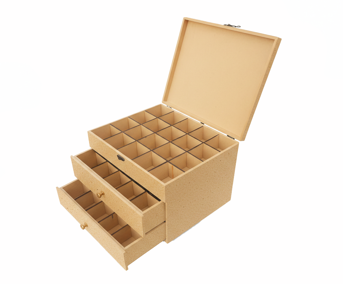 MDF DIY Jewellery Box with multiple compartments on a white background
