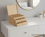 MDF DIY Jewellery Box with drawers on a white dresser with a mirror in the background.