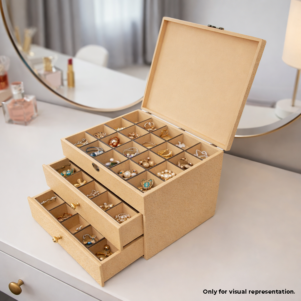 MDF DIY Jewellery Box with multiple compartments on a white surface.