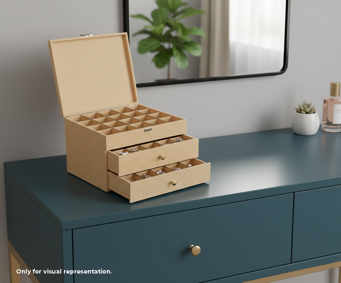 MDF DIY Jewellery Box with drawers on a teal dresser with a mirror and plant in the background.