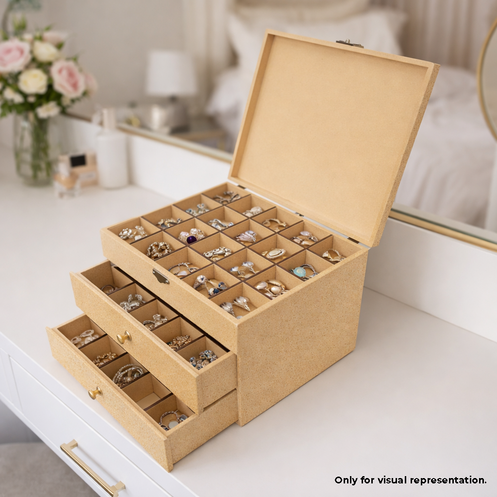 MDF DIY Jewellery Box with compartments on a dresser with a mirror and flowers in the background