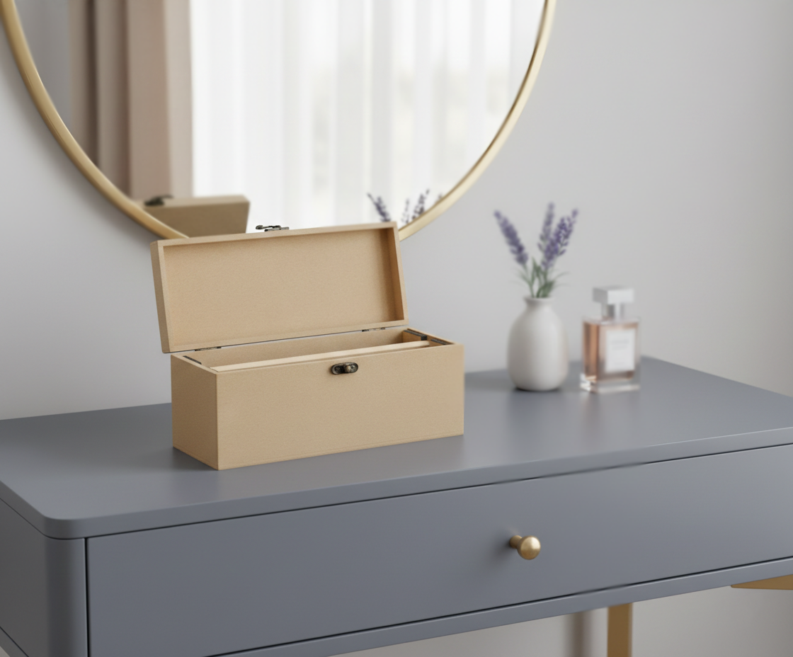 MDF DIY Jewellery Box on a gray dresser with a mirror and decorative items in the background