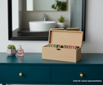 MDF DIY Jewellery Box with striped interior on a teal dresser.