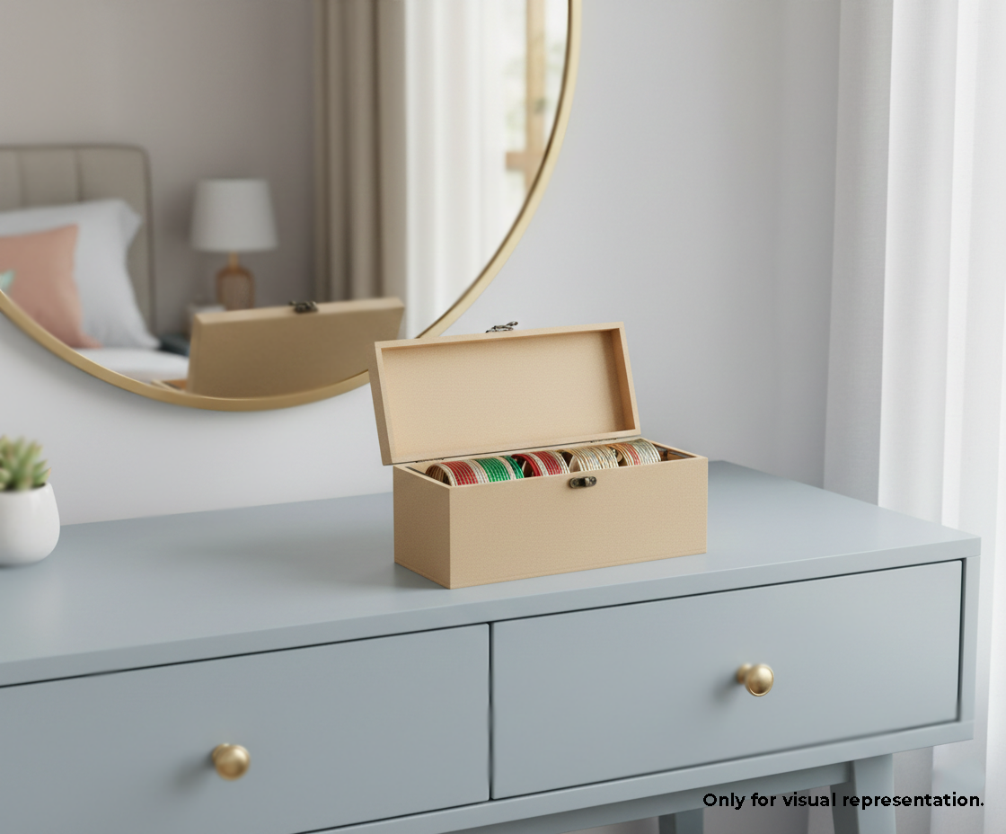 MDF DIY Jewellery Box on a dresser with a mirror and lamp in the background