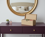 MDF DIY Jewellery Box on a purple dresser with a round mirror in the background