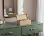 MDF DIY Jewellery Box on a green dresser with a mirror and lamp in the background