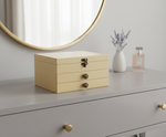 MDF DIY Jewellery Box on a dresser with a mirror and vase in the background