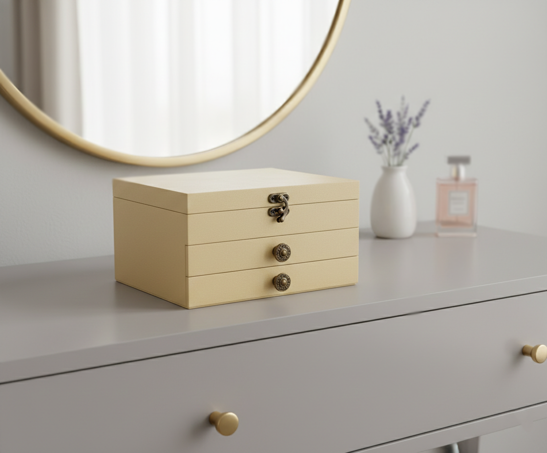 MDF DIY Jewellery Box on a dresser with a mirror and vase in the background