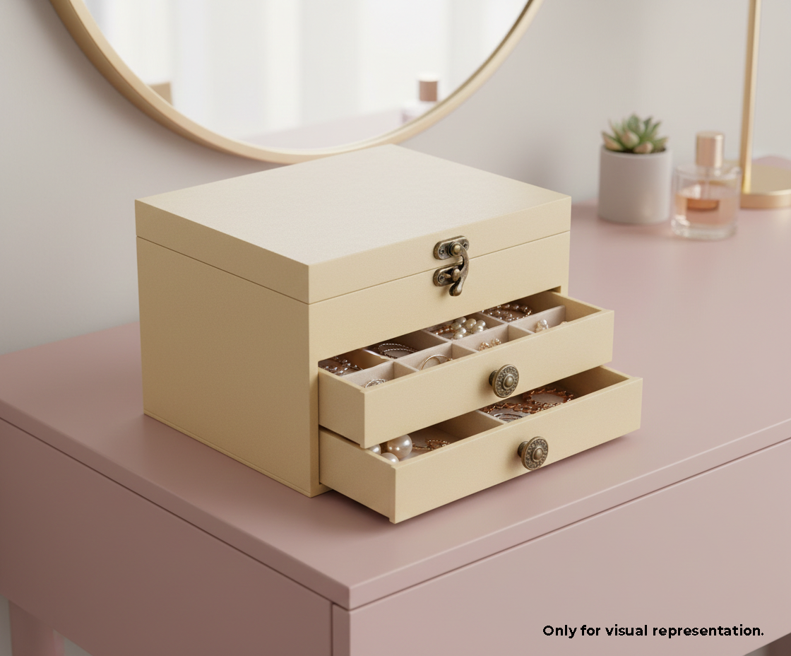 MDF DIY Jewellery Box on a dresser with flowers and perfume bottle in the background