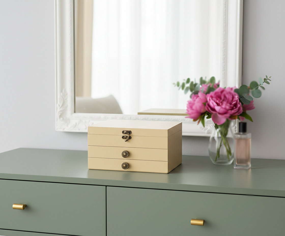 MDF DIY Jewellery Box on a dresser with flowers and perfume bottle in the background