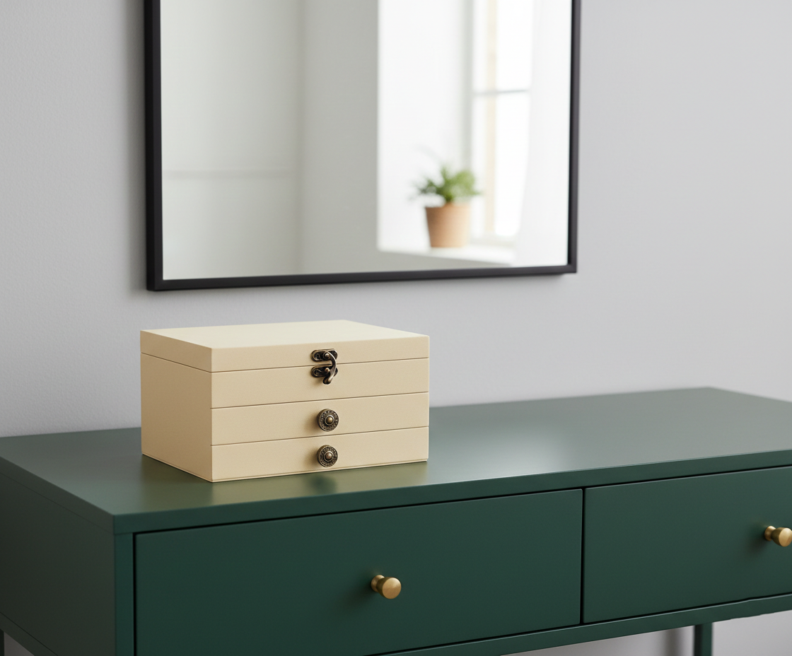 MDF DIY Jewellery Box on a green dresser with a mirror in the background
