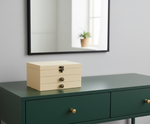 MDF DIY Jewellery Box on a green dresser with a mirror in the background