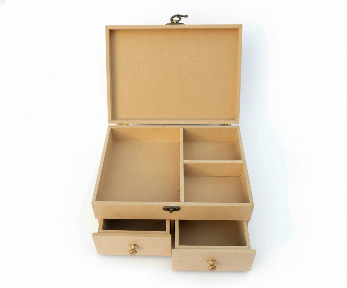MDF DIY Jewellery Box with compartments and a drawer on a white background