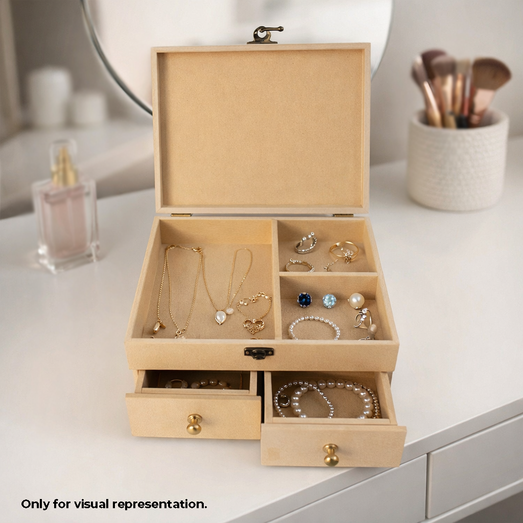 MDF DIY Jewellery Box with jewellery on a table