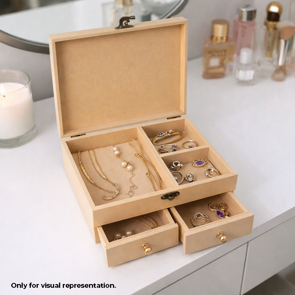 MDF DIY Jewellery Box with jewellery on a white surface