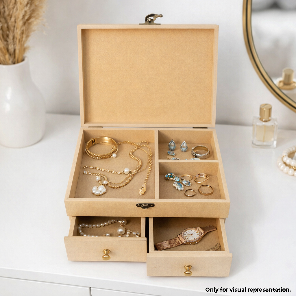 MDF DIY Jewellery Box with compartments filled with various jewelry items on a white surface.