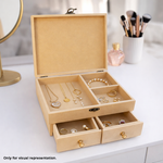MDF DIY Jewellery Box with compartments and drawers on a white surface.