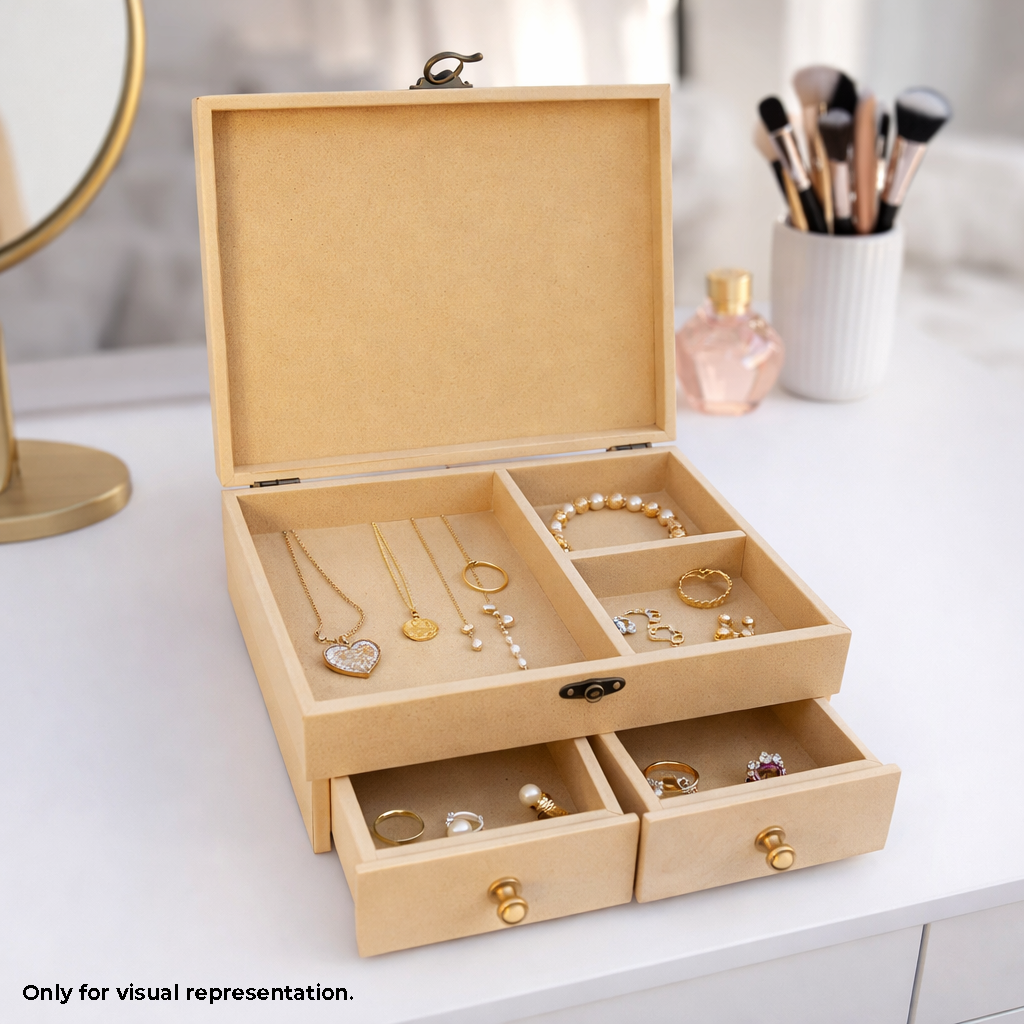MDF DIY Jewellery Box with compartments and drawers on a white surface.