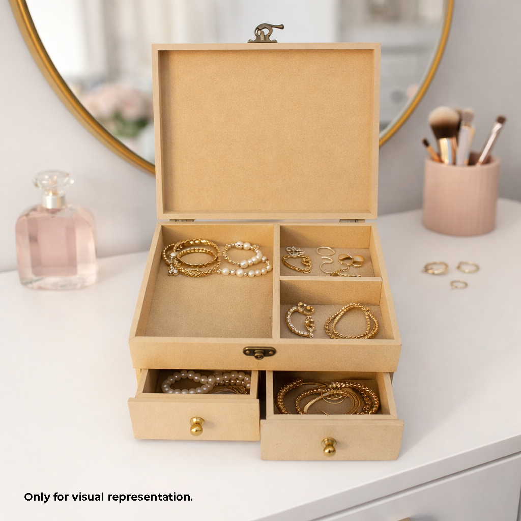 Wooden MDF DIY Jewellery Box with jewellery on a table.