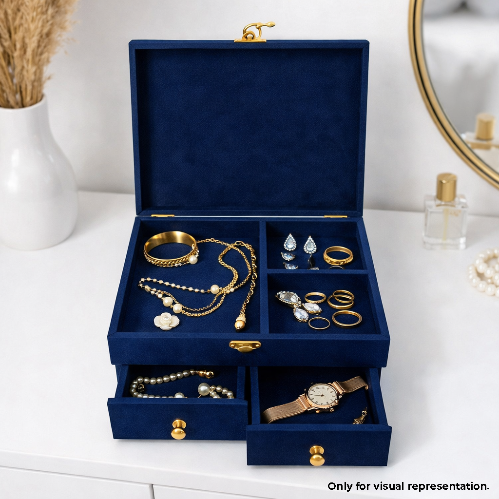 Blue MDF DIY Jewellery Box with gold jewelry on a white surface