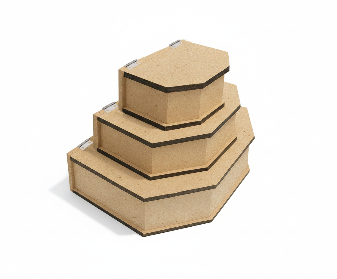 Set of three hexagonal MDF DIY  jewellery boxes on a white background