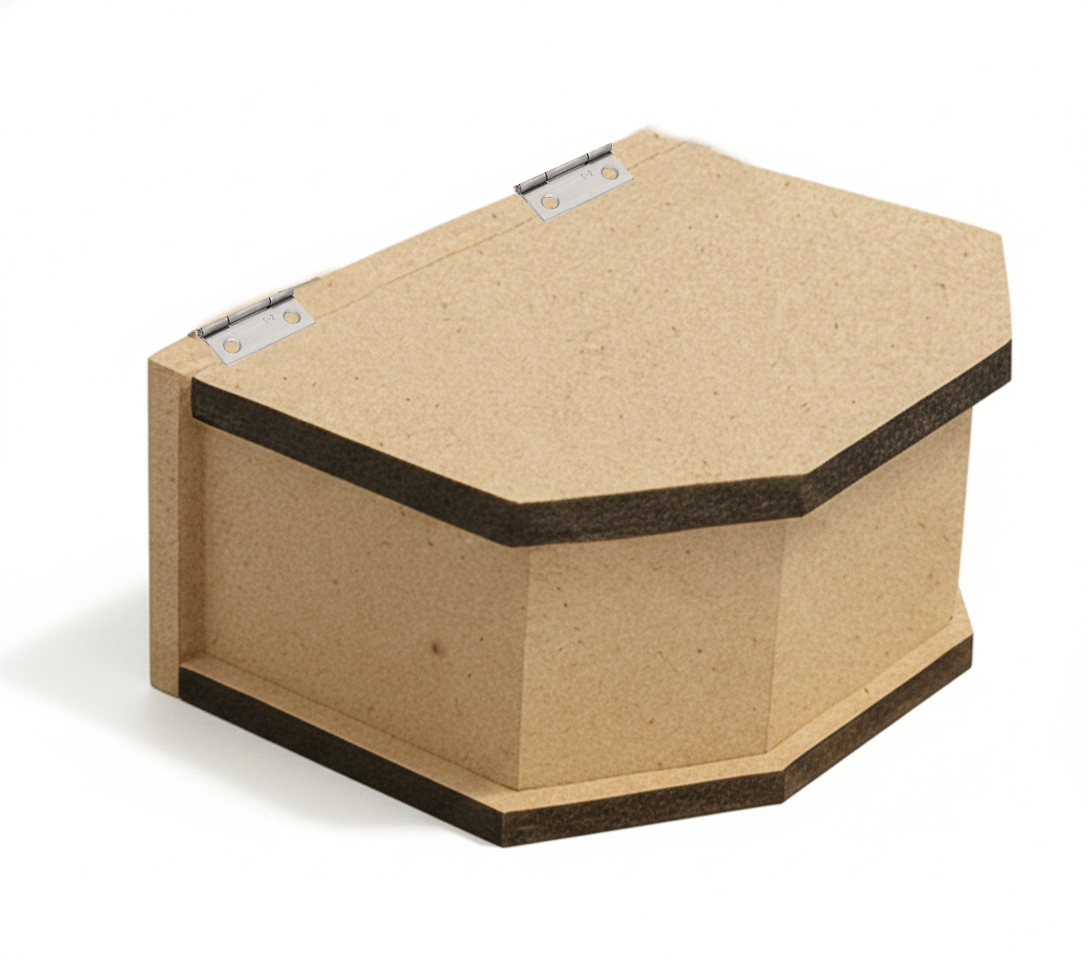 Hexagonal MDF DIY  jewellery box with a metallic clasp on a white background