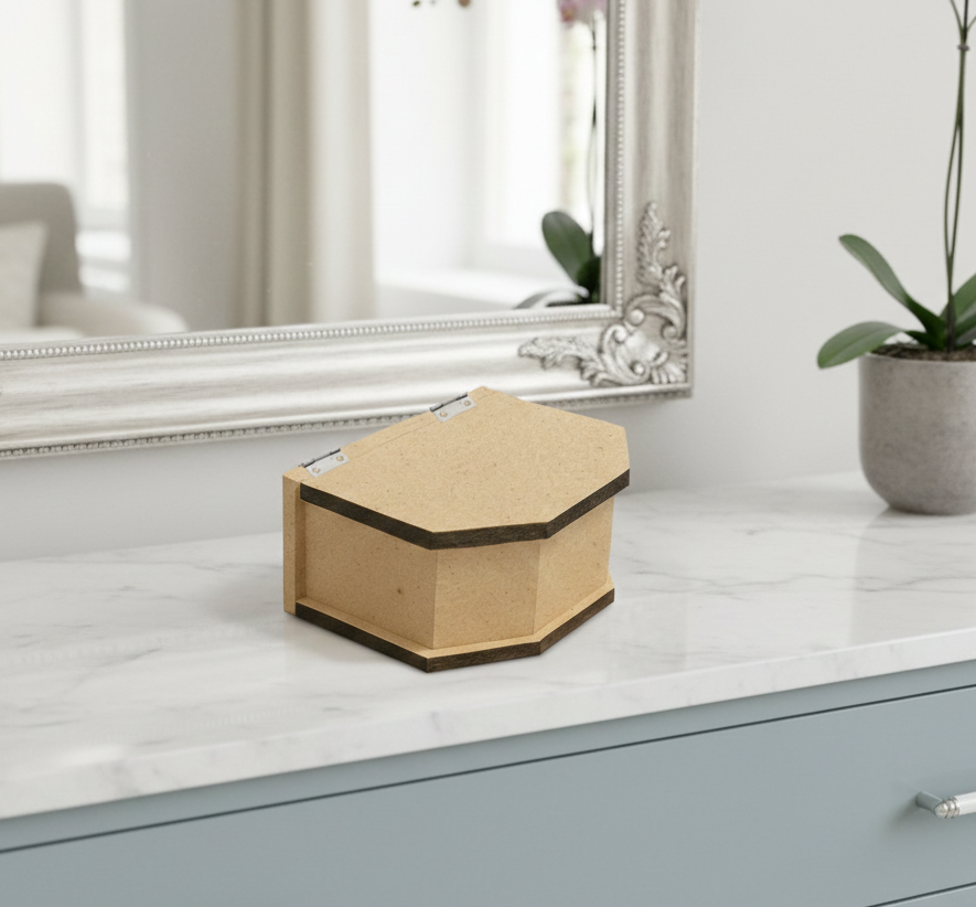 Hexagonal  jewellery MDF DIY box on a marble surface with a decorative mirror and plant in the background
