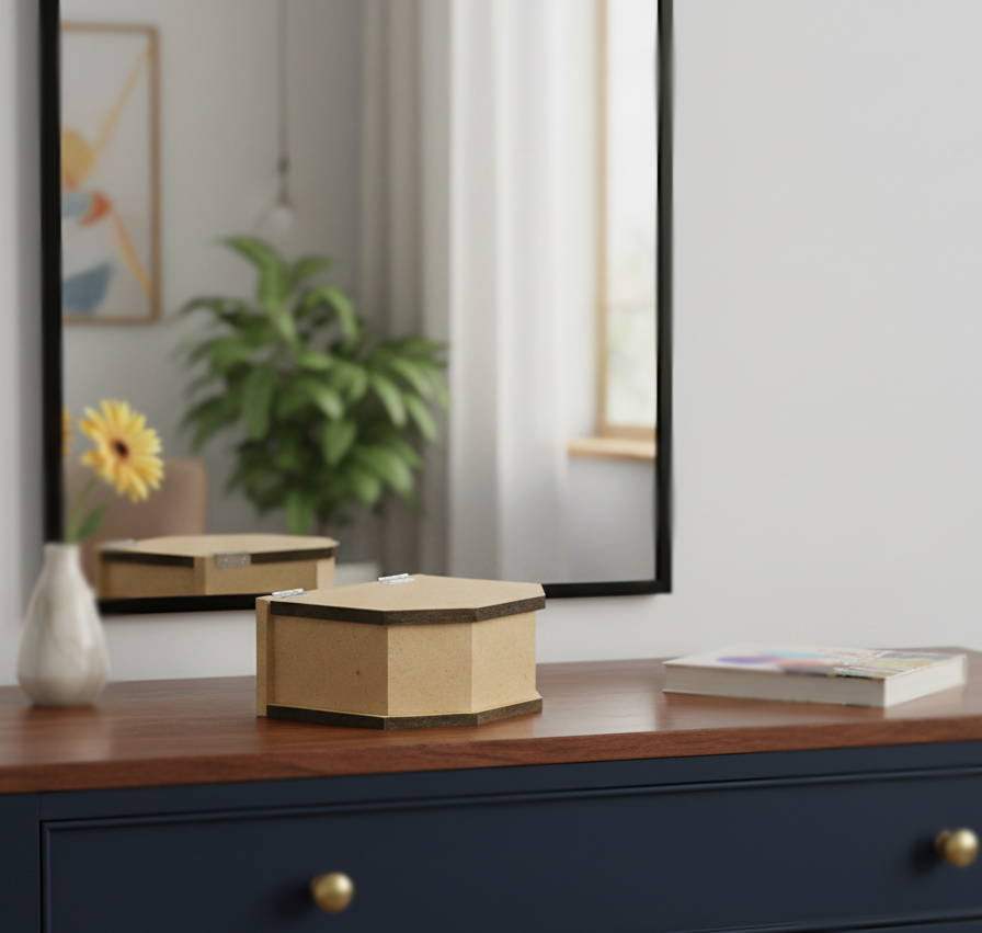 Hexagonal jewellery MDF DIY  box on a wooden surface with a blurred background