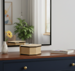 Hexagonal jewellery MDF DIY  box on a wooden surface with a blurred background