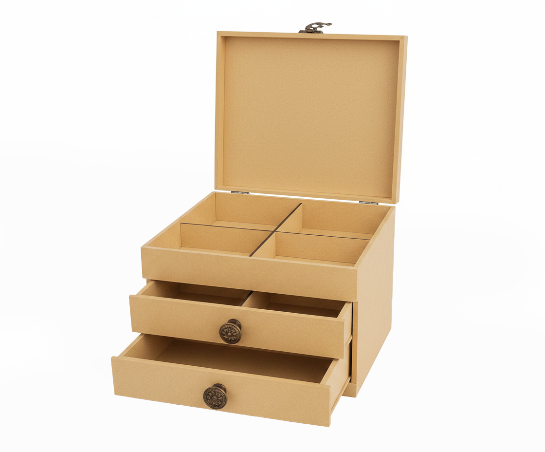 MDF DIY Jewellery Box with open lid and two drawers on a white background