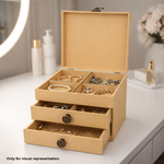 MDF DIY Jewellery Box with jewelry inside on a vanity table.