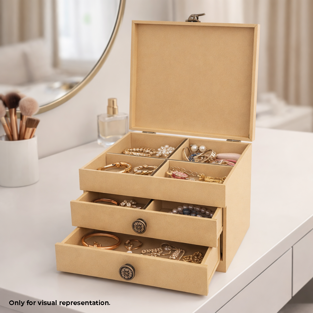 MDF DIY Jewellery Box with jewelry on a white surface