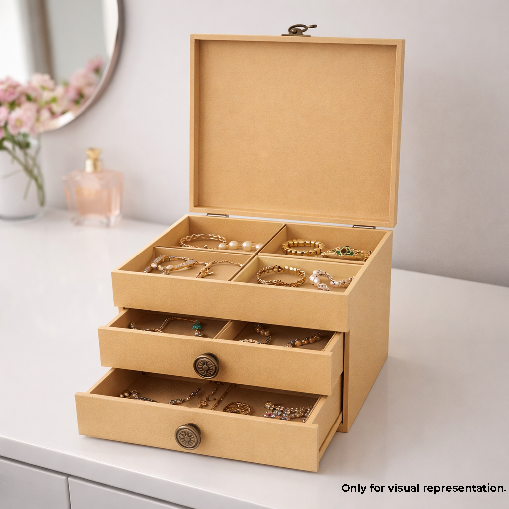 MDF DIY Jewellery Box with jewelry on a white surface