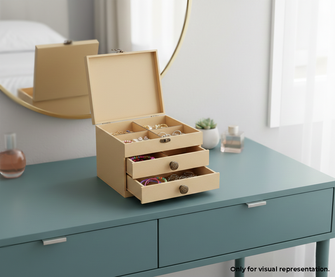 MDF DIY Jewellery Box with drawers on a teal dresser