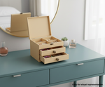 MDF DIY Jewellery Box with drawers on a teal dresser
