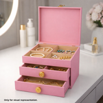Pink MDF DIY Jewellery Box with jewelry inside on a vanity table.