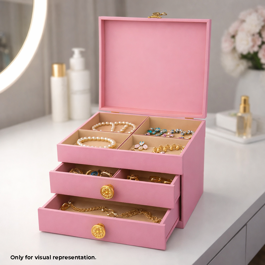 Pink MDF DIY Jewellery Box with jewelry inside on a vanity table.