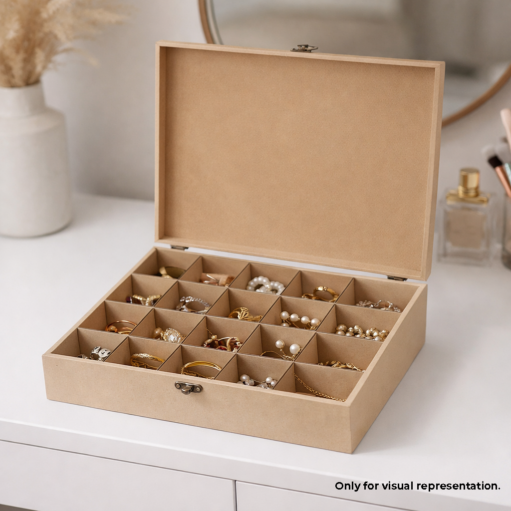 MDF DIY Jewellery Box with compartments on a gray surface, with a bottle and mirror in the background.