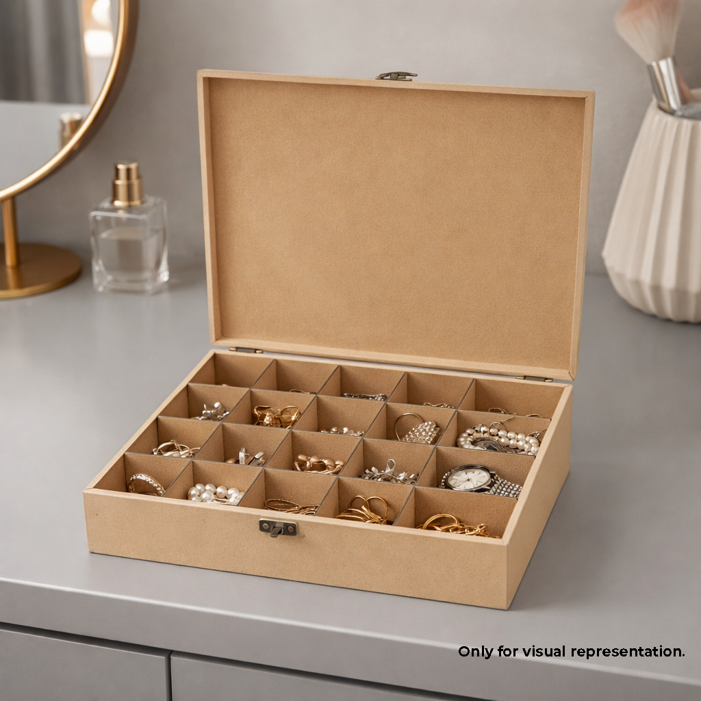 MDF DIY Jewellery Box with compartments on a gray surface, with a bottle and mirror in the background.