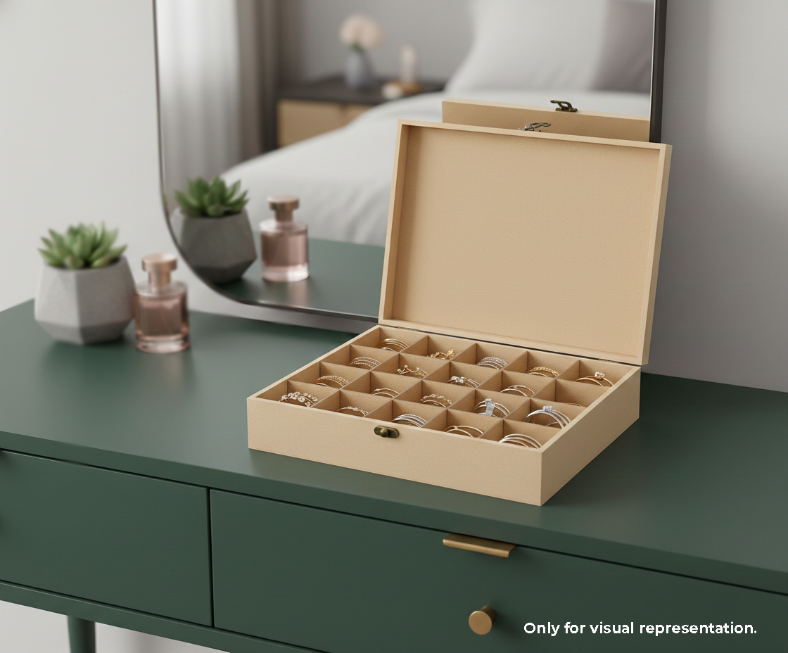 MDF DIY Jewellery Box on a green dresser with a mirror and decorative items in the background
